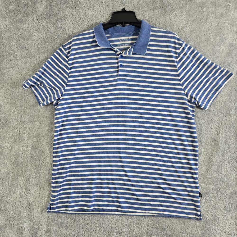 Lucky Brand Mens XXL Venice Burnout Polo Shirt Blue White Striped Short Sleeve
